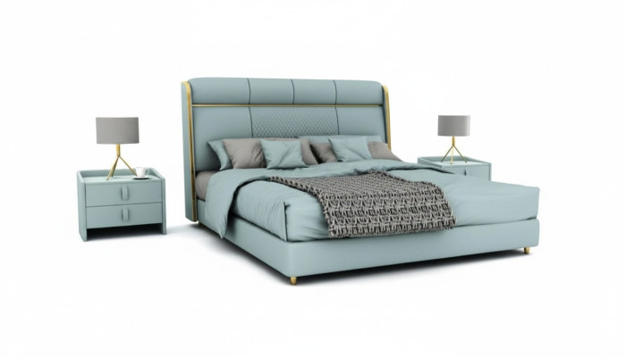 Chambre bleue Lit double Lits de designer Cadre en bois Meubles de luxe