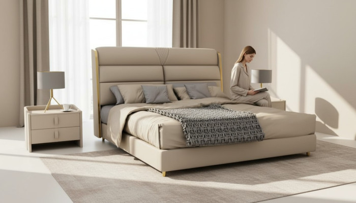 Lit double de luxe beige clair, lits de chambre à coucher modernes design.