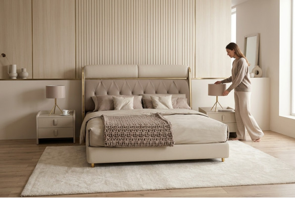 Élégant chambre beige Lit Lit double Lits textiles Lit LED