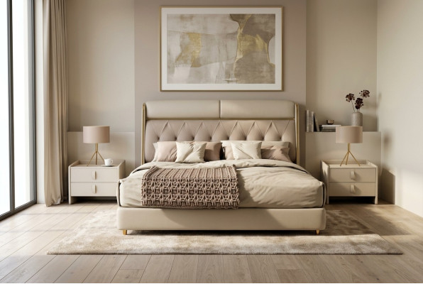 Élégant chambre beige Lit Lit double Lits textiles Lit LED
