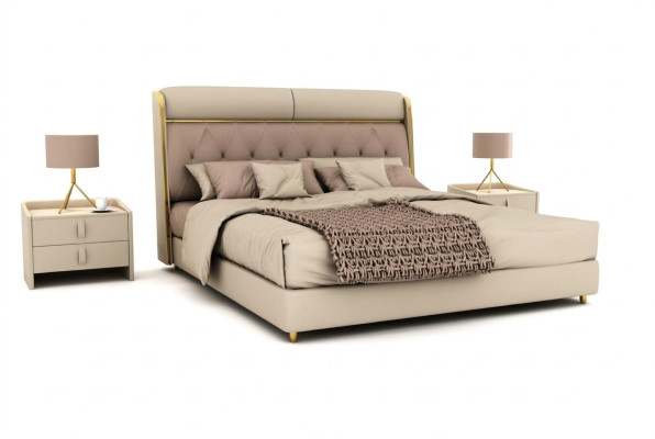 Élégant chambre beige Lit Lit double Lits textiles Lit LED