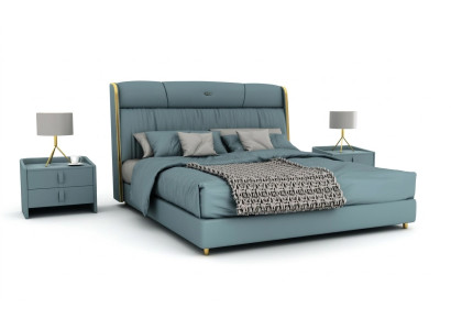 Chambre bleue Lit double Meubles design Lit LED Bois Lits textiles