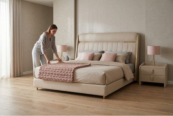 Chambre beige luxueuse Lit de chambre élégant Mobilier en bois de chambre à coucher