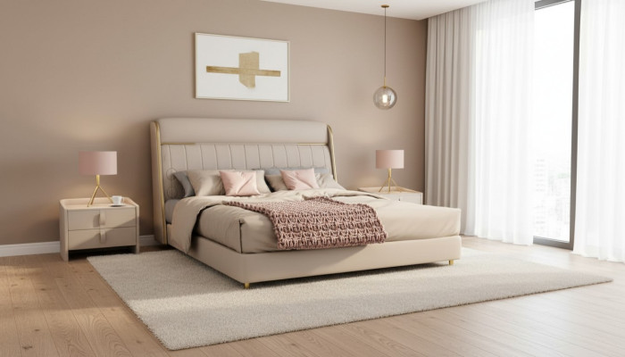 Chambre beige luxueuse Lit de chambre élégant Mobilier en bois de chambre à coucher