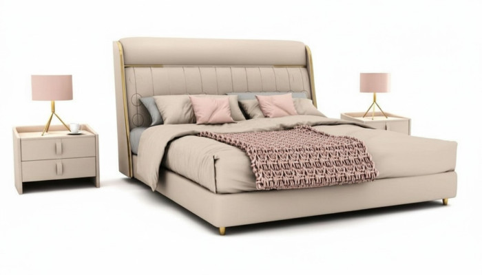 Chambre beige luxueuse Lit de chambre élégant Mobilier en bois de chambre à coucher