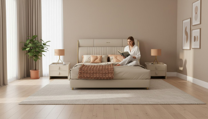 Textile beige Lit Mobilier élégant Chambre Designer Lits doubles