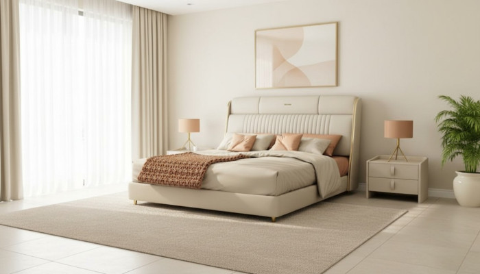 Textile beige Lit Mobilier élégant Chambre Designer Lits doubles