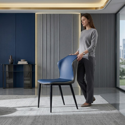 Chaise de salle à manger noire-bleue Pieds en bois Chaises élégantes en similicuir Chaise