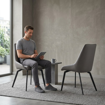 Chaise moderne en bois et métal grise pour salle à manger. Fauteuils designer.