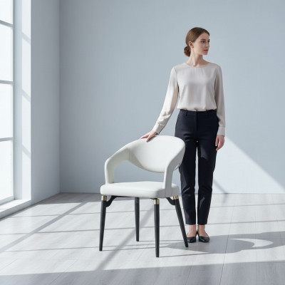 Salle à manger blanche Chaise en cuir Siège simple élégant Cadre en bois moderne