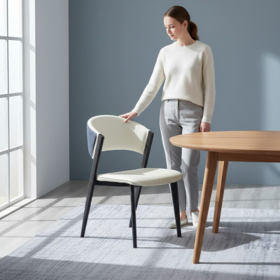 Chaise de salle à manger blanche en tissu de luxe, siège simple en cuir, cadre en bois.