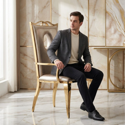 Chaise de salle à manger beige, chaise moderne en similicuir monoplace, acier inoxydable, meuble.