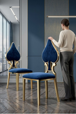 Chaise de salle à manger bleue dorée moderne Siège unique Tissu et bois Chaises