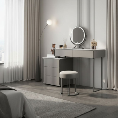 Table de maquillage grise, chambre de designer en bois, meubles de luxe, coiffeuse.