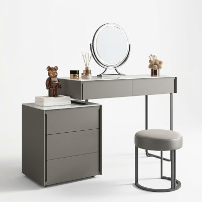 Table de maquillage grise, chambre de designer en bois, meubles de luxe, coiffeuse.