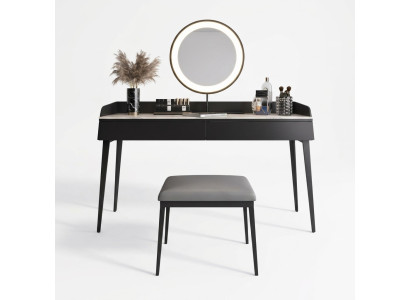 Moderne coiffeuse noire en bois avec tiroirs, table de maquillage design.