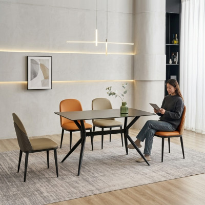 Ensemble de salle à manger Designer Table à manger grise Chaises orange 6x fauteuil simple 7 pièces