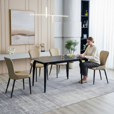 Salle à manger Mobilier Designer Table Noire en Acier Inoxydable Chaises Luxueuses Rembourrées