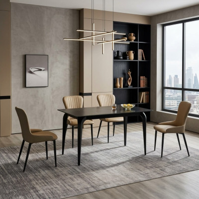 Salle à manger Mobilier Designer Table Noire en Acier Inoxydable Chaises Luxueuses Rembourrées