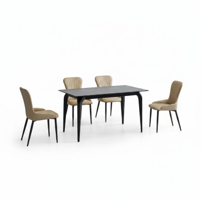 Salle à manger Mobilier Designer Table Noire en Acier Inoxydable Chaises Luxueuses Rembourrées