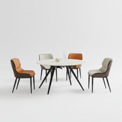 Table ronde beige pour la salle à manger avec 4 chaises rembourrées, design de salle à manger.
