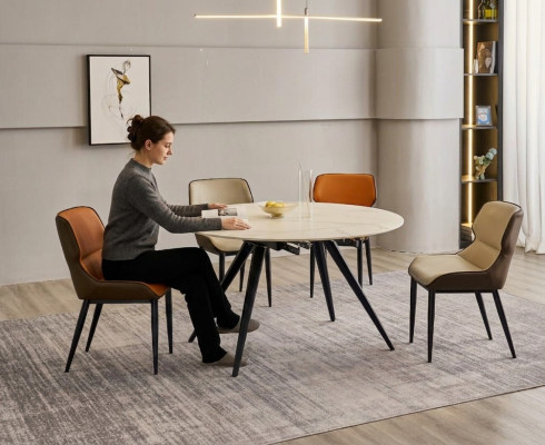 Salle à manger Mobilier Table ronde de luxe 6 chaises en tissu Ensemble de salle à manger 7 pièces