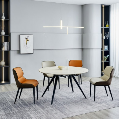 Salle à manger Mobilier Table ronde de luxe 6 chaises en tissu Ensemble de salle à manger 7 pièces