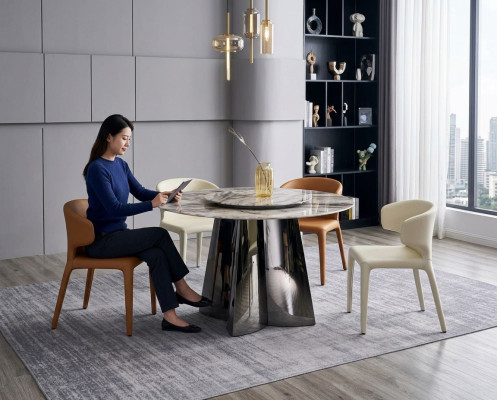 Table ronde de designer avec 4 chaises en cuir de luxe Ensemble de salle à manger Meubles modernes