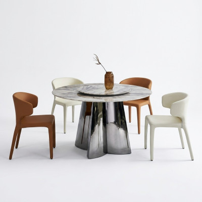 Table ronde de designer avec 4 chaises en cuir de luxe Ensemble de salle à manger Meubles modernes