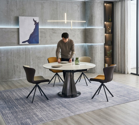 Ensemble de salle à manger moderne, table ronde design élégante et 4 chaises en similicuir, 5 pièces.