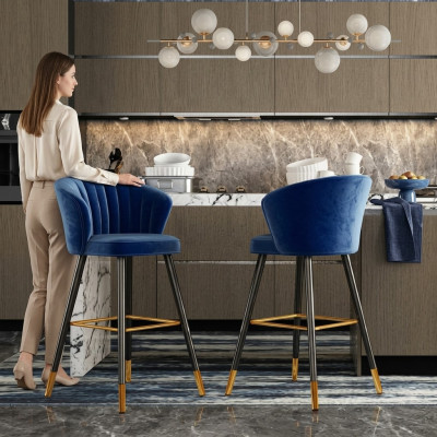 Tabouret de bar bleu Meubles design en acier inoxydable Siège rembourré à un place Pieds en bois