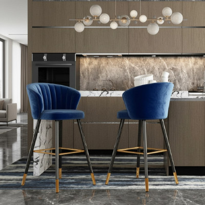 Tabouret de bar bleu Meubles design en acier inoxydable Siège rembourré à un place Pieds en bois