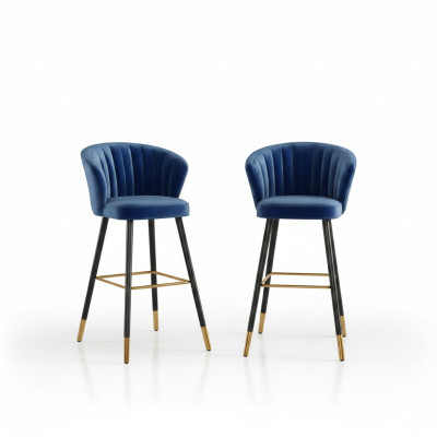 Tabouret de bar bleu Meubles design en acier inoxydable Siège rembourré à un place Pieds en bois