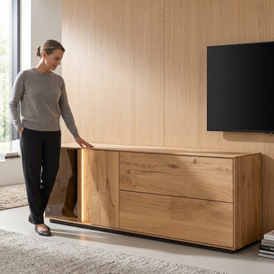 Armoire TV brune, meuble TV pour salon, meuble bas de télévision, buffet bas à LED design.