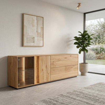 Armoire TV brune, meuble TV pour salon, meuble bas de télévision, buffet bas à LED design.