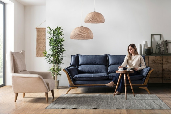 Ensemble de canapé de salon bleu et blanc trois places avec fauteuil luxueux et canapé 2 pièces