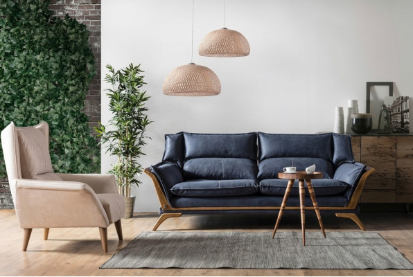 Ensemble de canapé de salon bleu et blanc trois places avec fauteuil luxueux et canapé 2 pièces