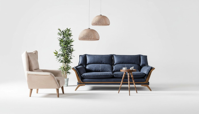 Ensemble de canapé de salon bleu et blanc trois places avec fauteuil luxueux et canapé 2 pièces