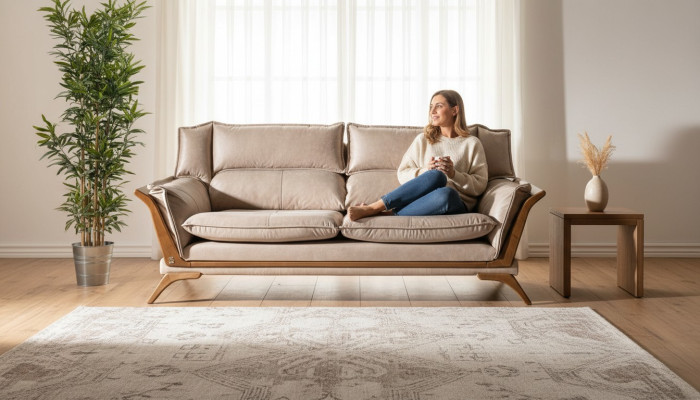 Canapés de luxe beige 3 places en cuir Meubles rembourrés Salon Design Meubles