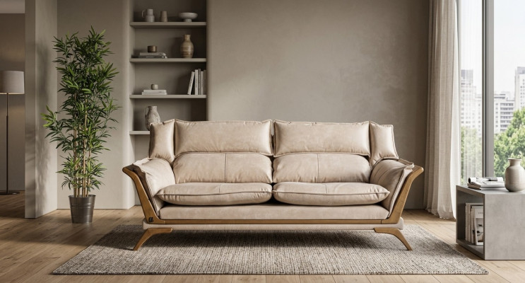 Canapés de luxe beige 3 places en cuir Meubles rembourrés Salon Design Meubles