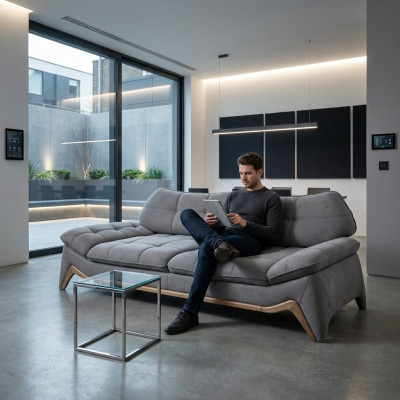 Canapé gris rembourré designeur 3 places salon trois places noble canapé