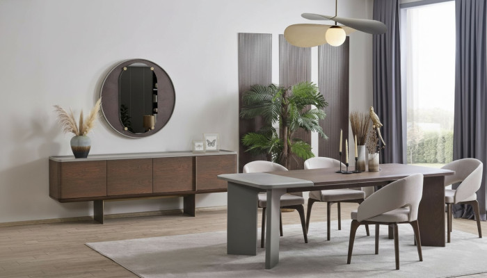 Grande suite de salle à manger Table à manger de designer 4x chaises Buffet Miroir