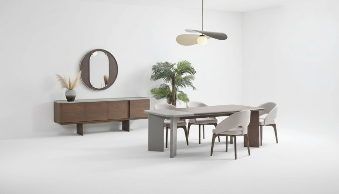 Grande suite de salle à manger Table à manger de designer 4x chaises Buffet Miroir
