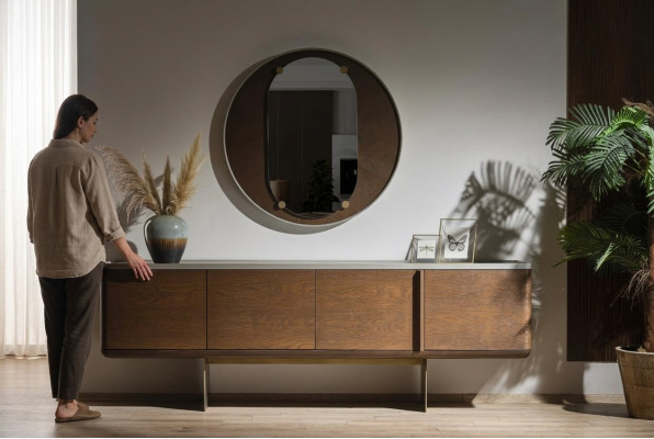 Buffet marron moderne en bois de luxe avec miroir rond pour le salon, 2 pièces.