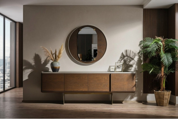 Buffet marron moderne en bois de luxe avec miroir rond pour le salon, 2 pièces.
