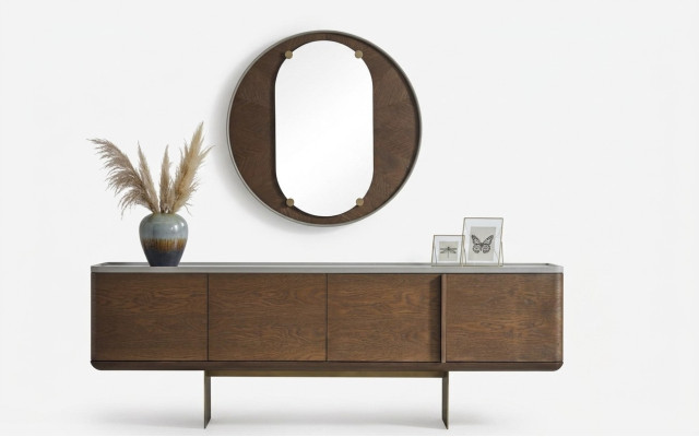 Buffet marron moderne en bois de luxe avec miroir rond pour le salon, 2 pièces.
