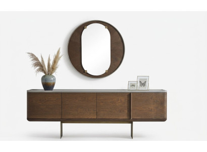 Buffet marron moderne en bois de luxe avec miroir rond pour le salon, 2 pièces.