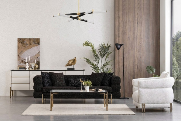 Ensemble de canapé de salon, moderne et luxueux, de designer, composé d'un canapé noir à trois places et d'un fauteuil blanc.