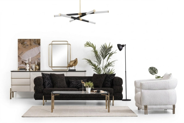 Ensemble de canapé de salon, moderne et luxueux, de designer, composé d'un canapé noir à trois places et d'un fauteuil blanc.