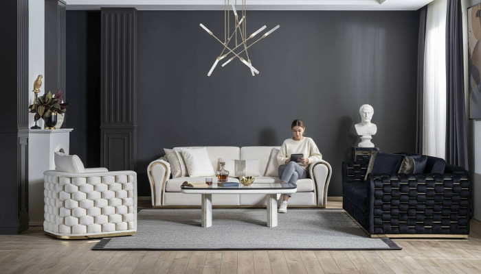Bleu - Ensemble salon beige Luxe Canapé 3+3+1 Places Design